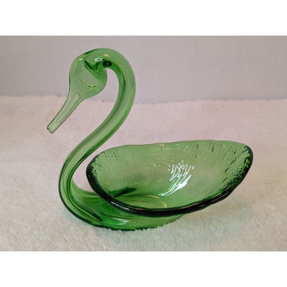 Vintage Glass Swan-Shaped Bowl Mid Century Art Glass Candy Trinket Soap Dish